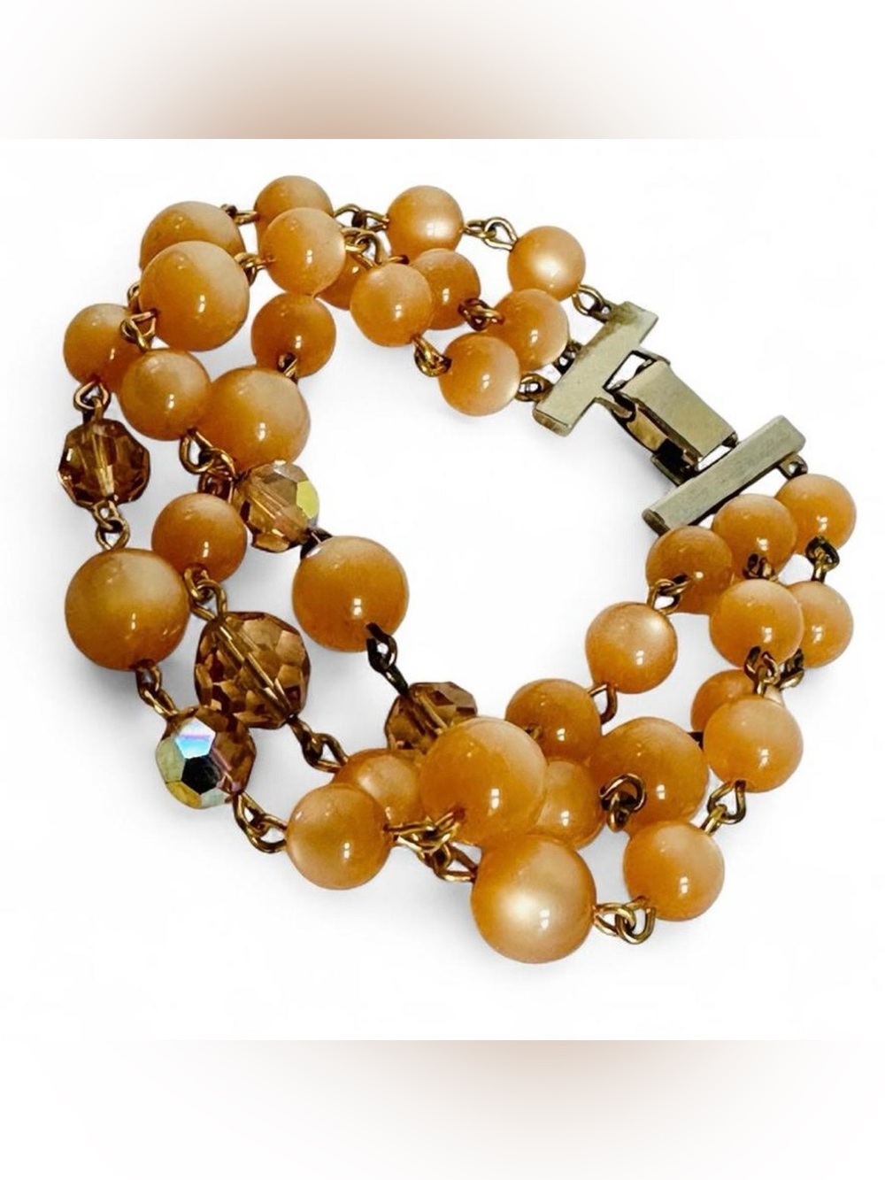 VTG Peach Moonglow Lucite Bracelet-7”- Mid-Century Modern Triple Strand 60’s